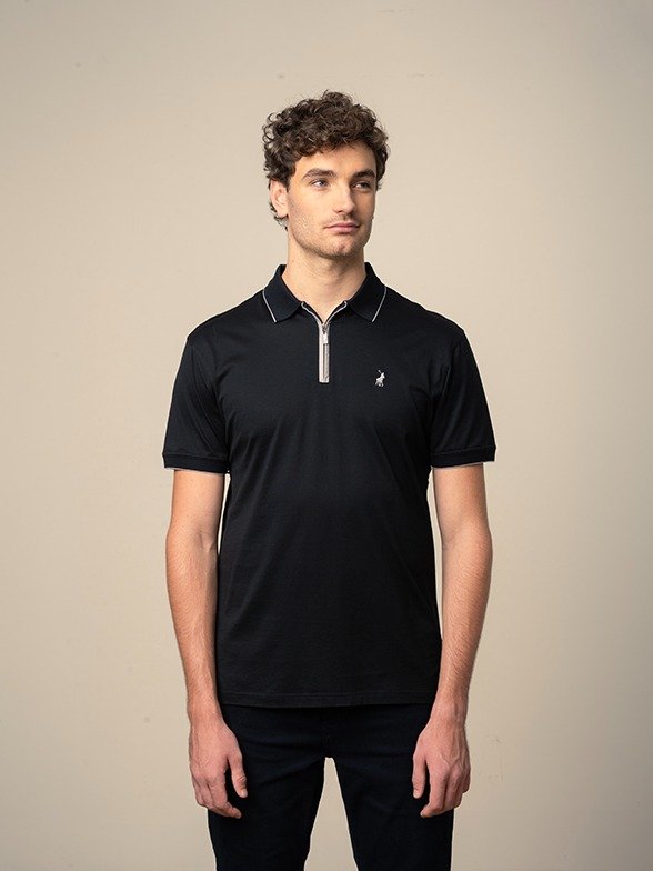 Polo Men's Plain 1/4 Zip Double Mercerised Golfer - Black