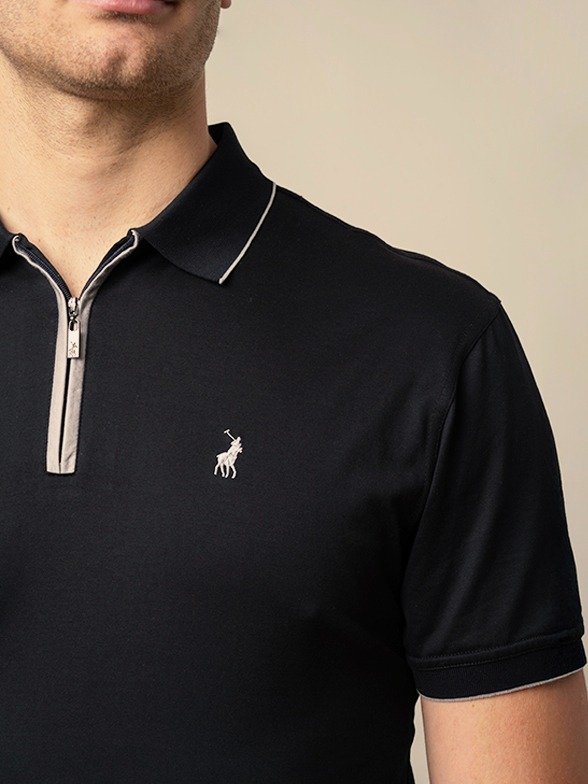 Polo Men's Plain 1/4 Zip Double Mercerised Golfer - Black - Image 5