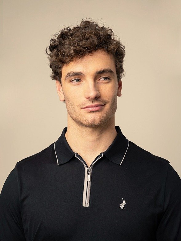 Polo Men's Plain 1/4 Zip Double Mercerised Golfer - Black - Image 4