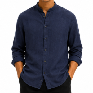 Liwali chinese collar pure linen relaxed fit navy shirt
