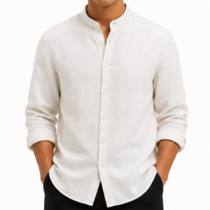 Liwali chinese collar pure linen relaxed fit cream shirt