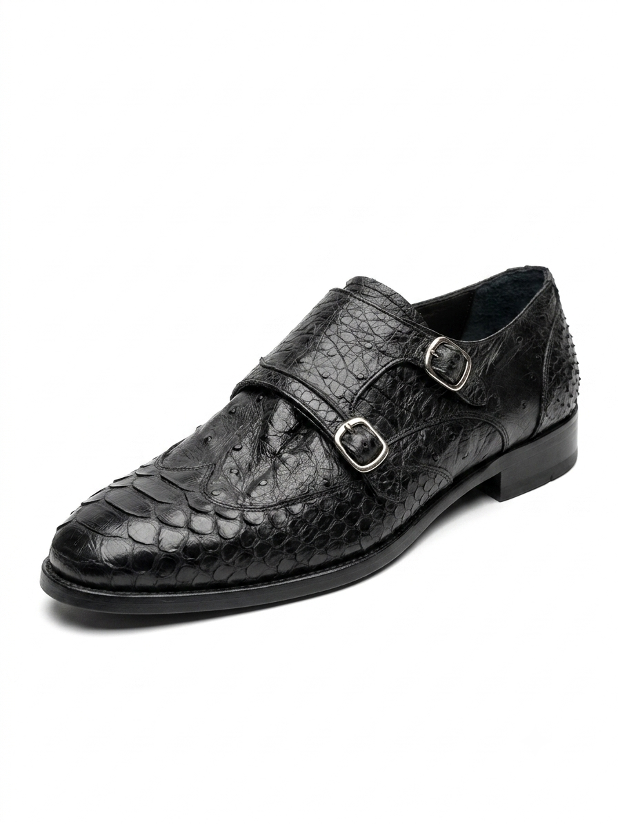 SHENBIN BLACK PYTHON AND OSTRITCH MONK STRAP SHOE