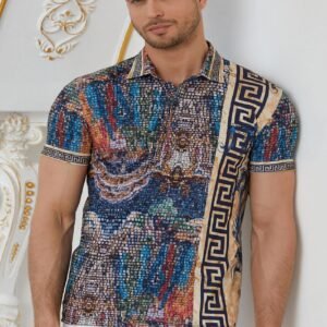 Mondo Blue Brown Mosaic Border Polo